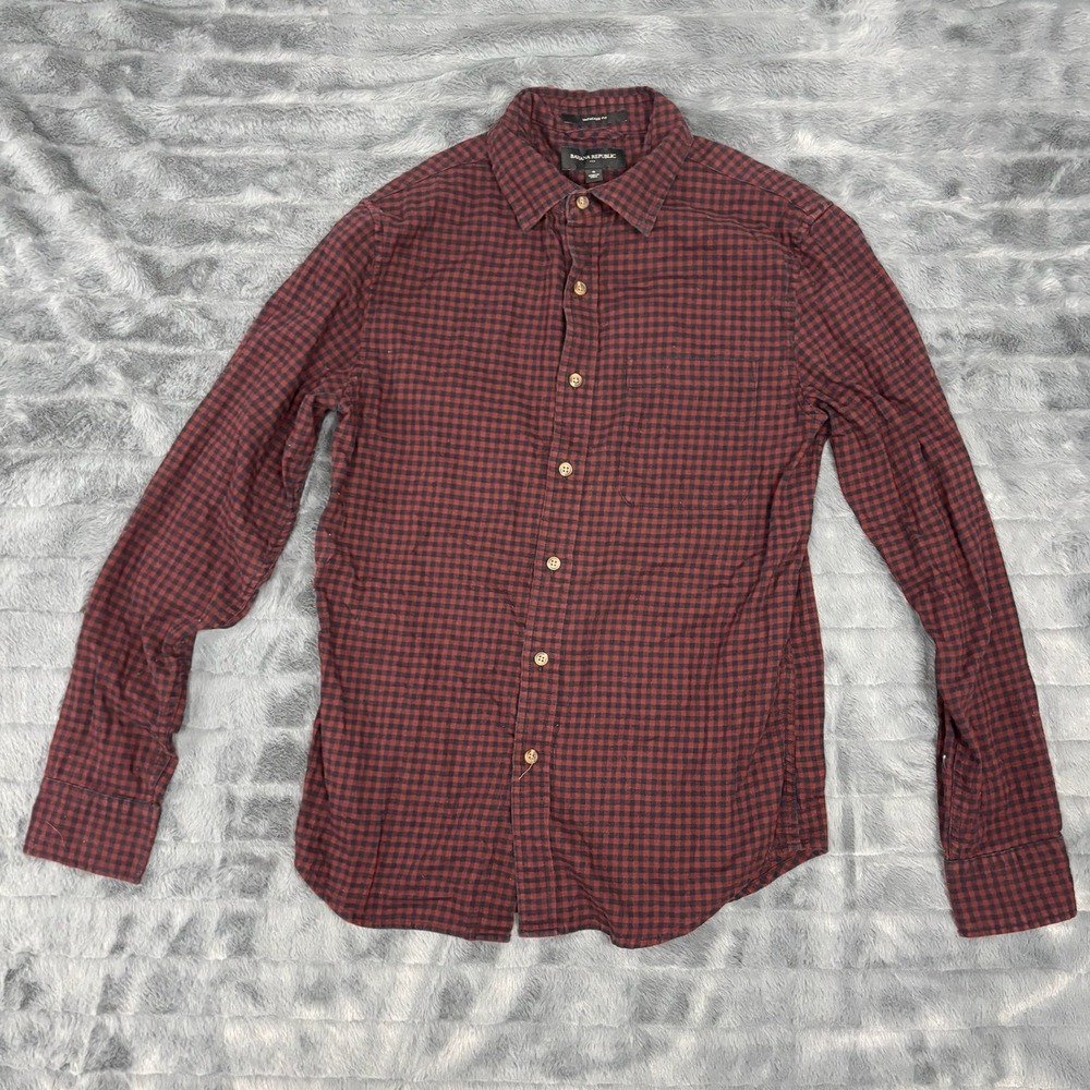 Banana Republic Mens Untucked Fit Gingham Button Down Shirt Burgundy Blue Small